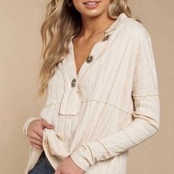 Free People Tops | Free People Ribbed Ivory Top W/3 Large Buttons Xs! | Color: Brown/Cream | Size: Xs