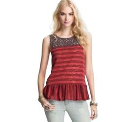 Free People Tops | Free People Molly's Retro Peplum Top With Lace | Color: Brown/Red | Size: S