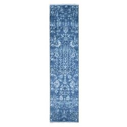 Shahbanu Rugs Tone on Tone Oceanic Colors Runner Wool and Silk Hand Knotted Oriental Rug (2'6" x 10'2") - 2'6" x 10'2"
