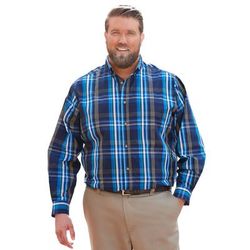 Men’s Big & Tall Long Sleeve Wrinkle Free Sport Shirt by KingSize in Midnight Navy Plaid (Size 7XL)
