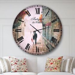 Paris Romance Couples Ii Traditional Wall Clock by Designart in Grey