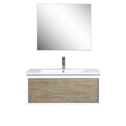 "Scopi 36" Rustic Acacia Bathroom Vanity, Acrylic Composite Top with Integrated Sink, Labaro Brushed Nickel Faucet Set, and 28" Frameless Mirror - Lexora Home LSC36SRAOSM28FBN"