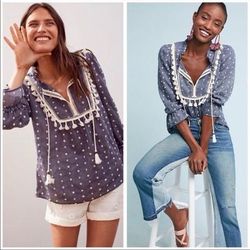 Anthropologie Tops | Anthropologie Sawyer Blue And Cream Boho Peasant Top By Maeve | Color: Blue/Cream | Size: S