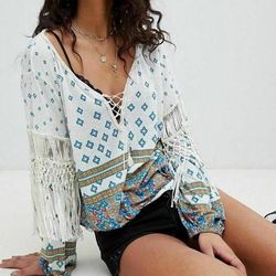 Free People Tops | Free People Macra Maze Me Top M 8 Women Casual Pri | Color: Silver/White | Size: M