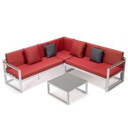 LeisureMod Chelsea White Sectional With Adjustable Headrest & Coffee Table With Two Tone Cushions - LeisureMod CSLW-80R-BU