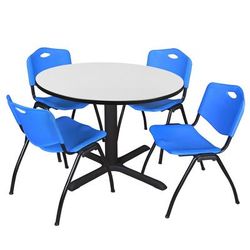 Regency Cain 48 in. Round Breakroom Table- White & 4 M Stack Chairs- Blue - Regency TB48RNDWH47BE