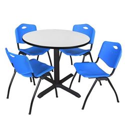 Regency Cain 42 in. Round Breakroom Table- White & 4 M Stack Chairs- Blue - Regency TB42RNDWH47BE