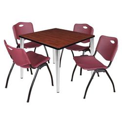 Regency Kahlo 36 in. Square Breakroom Table- Cherry Top, Chrome Base & 4 M Stack Chairs- Burgundy - Regency TPL3636CHCM47BY