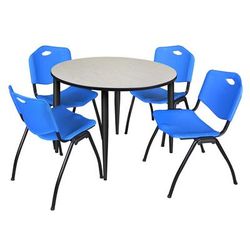 Regency Kahlo 48 in. Round Breakroom Table- Maple Top, Black Base & 4 M Stack Chairs- Blue - Regency TPL48RNDPLBK47BE