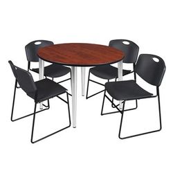 Regency Kahlo 48 in. Round Breakroom Table- Cherry Top, Chrome Base & 4 Zeng Stack Chairs- Black - Regency TPL48RNDCHCM44BK