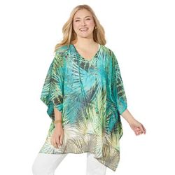 Plus Size Women's Georgette Peasant Poncho by Catherines in Olive Green Palm Border (Size 2X/3X)