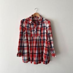 Free People Tops | Free People Womens Red Plaid Flannel 3/4 Sleeve Popover Shirt | Color: Red/White | Size: Xs