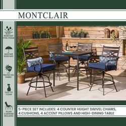 Montclair 5-Piece High-Dining Patio Set in Navy Blue with 4 Swivel Chairs and a 33-In. Counter-Height Dining Table - Hanover MCLRDN5PCBR-NVY