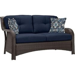 Strathmere 4-Piece Lounge Set with Loveseat, 2 Swivel Gliders, and Woven Coffee Table, Navy Blue - Hanover STRATH4PCSW-LS-NVY