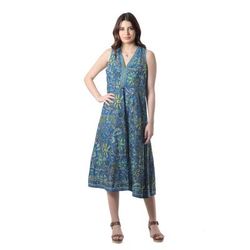 Blue Garden,'Cotton Floral-Motif Sleeveless A-Line Dress'
