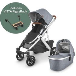 UPPAbaby Vista V2 Single-to-Double Stroller + PiggyBack Ride-Along Bundle - Gregory (Blue Melange/Si