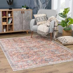 Urpi 7'10" x 10'2" Rose Cream/Dark Blue/Brown/Peach/Pink/Mustard/Aqua/Dark Blue/Brown/Off White/Charcoal/Peach/Pink/Mustard/Aqua/Rose Cream/Dark Blue/Brown/Off White/Charcoal Washable Area Rug - Hauteloom