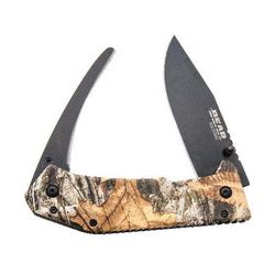 Bear Edge Double Blade Guthook Folding Knife 4.88in 440 Stainless Steel Skinner Aluminum Handle Black 61522