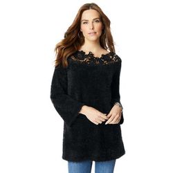 Plus Size Women's Lace-Neck Eyelash Sweater by Roaman's in Black (Size 30/32)