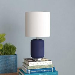 "Lambert 15" Tall Ceramic Mini Lamp with Fabric Shade in Navy/Brushed Nickel/White - Hudson & Canal ML1643"