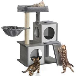 Light Gray Wooden Cat Tree Condo for Kittens, 35" H, 31 LBS