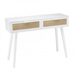 Console blanche 2 tiroirs cannage naturel