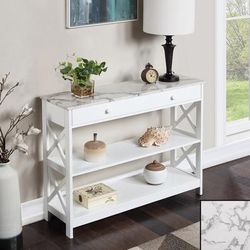 Oxford 1 Drawer Console Table with Shelves in White Faux Marble/White - Convenience Concepts 203295WMW