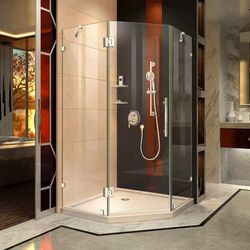 Dreamline DreamLine Prism Lux 40 inch D x 40 inch W x 74 3/4 inch H Frameless Neo-Angle Hinged Shower Enclosure in Chrome with Biscuit Shower Base Kit DL-6052-22-01