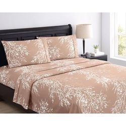 4-PC Foliage Sheet Set by BrylaneHome in Taupe (Size QUEEN)