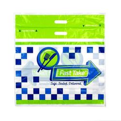 LK Packaging FT211810P Fast Take Tamper-Evident Carryout Bag w/ Handle - 18"W x 21"L, Printed, Adhesive Closure, Clear w/ Graphics, Case of 250