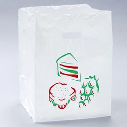 LK Packaging TO121016 Printed Poly Take-Out Bag w/ Handles - 16" x 12" x 10", White, Disposable, Die Cut Handles