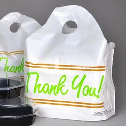 LK Packaging TO242011TY Printed Poly Take-Out Bag w/ Handles - 24" x 20" x 11", White, Disposable, Printed Design
