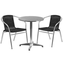 Flash Furniture TLH-ALUM-24RD-020BKCHR2-GG 23 1/2" Round Patio Table & 2 Black Rattan Arm Chair Set - Stainless Top, Aluminum Base