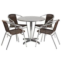 Flash Furniture TLH-ALUM-32RD-020CHR4-GG 31 1/2" Round Patio Table & 4 Brown Rattan Arm Chair Set - Stainless Steel Top, Aluminum Base