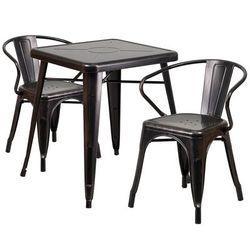 Flash Furniture CH-31330-2-70-BQ-GG 23 3/4" Square Table & 2 Arm Chair Set - Steel, Black & Antique Gold
