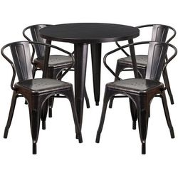 Flash Furniture CH-51090TH-4-18ARM-BQ-GG 30" Round Table & 4 Arm Chair Set - Metal, Black & Antique Gold