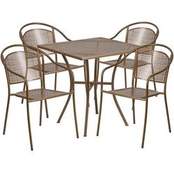 Flash Furniture CO-28SQ-03CHR4-GD-GG 28" Square Patio Table & 4 Round Back Arm Chair Set - Steel, Gold
