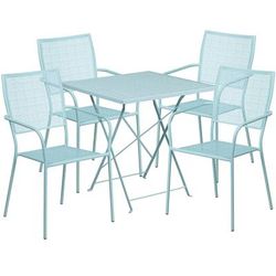 Flash Furniture CO-28SQF-02CHR4-SKY-GG 28" Square Folding Patio Table & 4 Square Back Arm Chair Set - Steel, Sky Blue