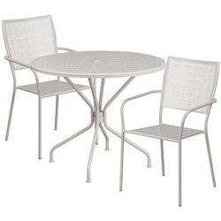 Flash Furniture CO-35RD-02CHR2-SIL-GG 35 1/4" Round Patio Table & 2 Square Back Arm Chair Set - Steel, Light Gray