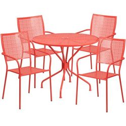 Flash Furniture CO-35RD-02CHR4-RED-GG 35 1/4" Round Patio Table & 4 Square Back Arm Chair Set - Steel, Coral
