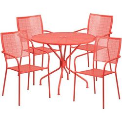 Flash Furniture CO-35RD-02CHR4-RED-GG 35 1/4" Round Patio Table & (4) Square Back Arm Chair Set - Steel, Coral