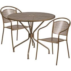 Flash Furniture CO-35RD-03CHR2-GD-GG 35 1/4" Round Patio Table & 2 Round Back Arm Chair Set - Steel, Gold
