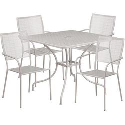 Flash Furniture CO-35SQ-02CHR4-SIL-GG 35 1/4" Square Patio Table & (4) Square Back Arm Chair Set - Steel, Light Gray