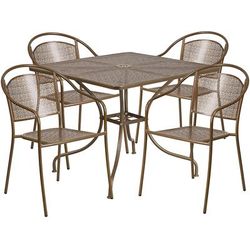 Flash Furniture CO-35SQ-03CHR4-GD-GG 35 1/4" Square Patio Table & (4) Round Back Arm Chair Set - Steel, Gold