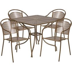Flash Furniture CO-35SQ-03CHR4-GD-GG 35 1/4" Square Patio Table & 4 Round Back Arm Chair Set - Steel, Gold