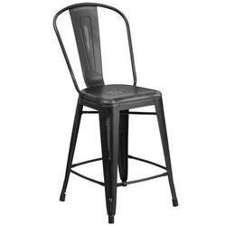 Flash Furniture ET-3534-24-BK-GG Counter Height Commercial Bar Stool w/ Curved Back & Metal Seat, Distressed Black, Indoor/Outdoor
