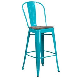 Flash Furniture ET-3534-30-CB-WD-GG Commercial Bar Stool w/ Curved Back & Wood Seat, Crystal Teal Blue