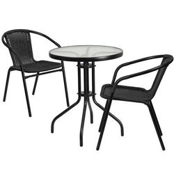 Flash Furniture TLH-071RD-037BK2-GG 23 3/4" Round Patio Table & 2 Black Rattan Arm Chair Set - Glass Top, Black Metal Base