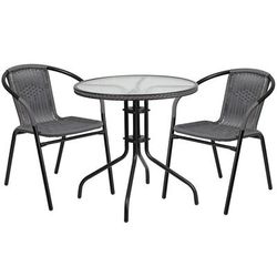 Flash Furniture TLH-087RD-037GY2-GG 28" Round Patio Table & 2 Gray Rattan Arm Chair Set - Glass Top, Black Metal Base
