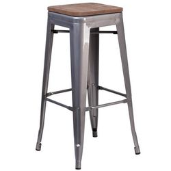Flash Furniture XU-DG-TP0004-30-WD-GG Backless Commercial Bar Stool w/ Wood Seat, Silver